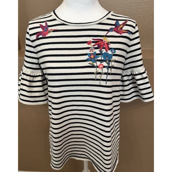 Loft Striped T Shirt with Embroidered Hummingbirds Size S - Picture 1 of 7